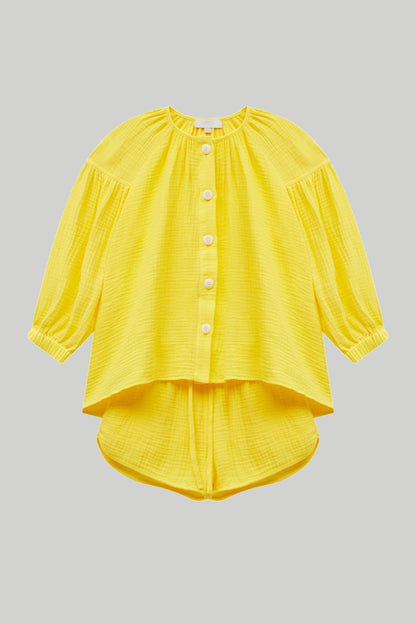 Kids Muslin Set with Shorts in Yellow - NiSO