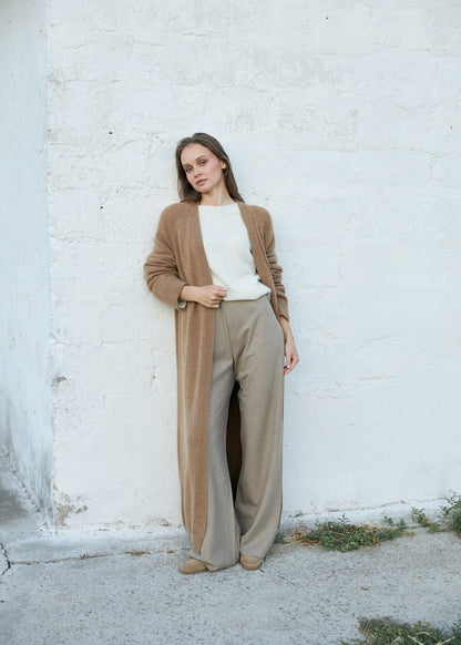 Long 100% Cashmere Cardigan with Belt in Camel - NiSO