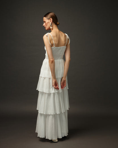 Long Ruffle Spaghetti Strap Cotton Dress "Paris" in White - NiSO