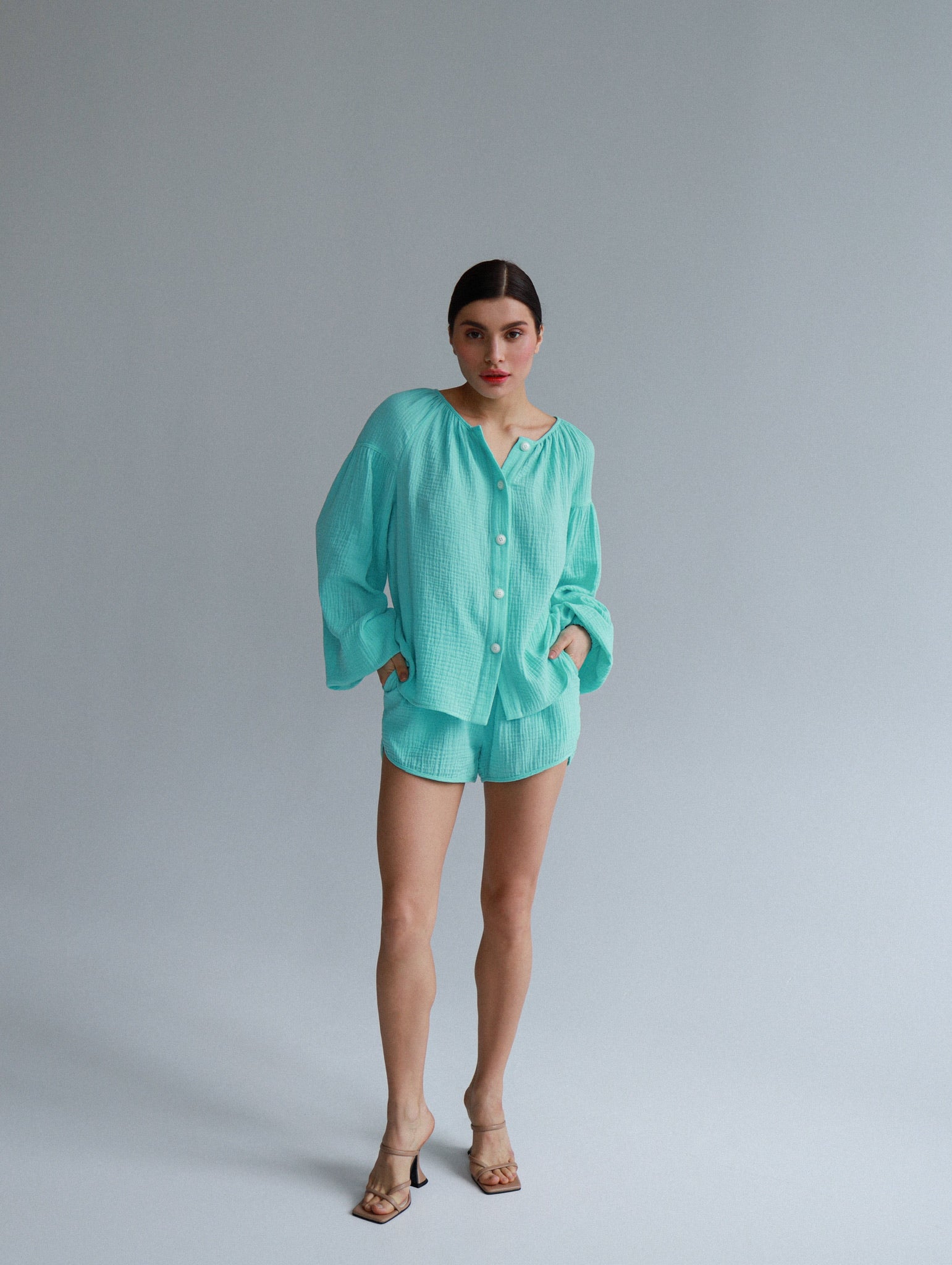 Natural Muslin Set with Shorts in Aqua - NiSO