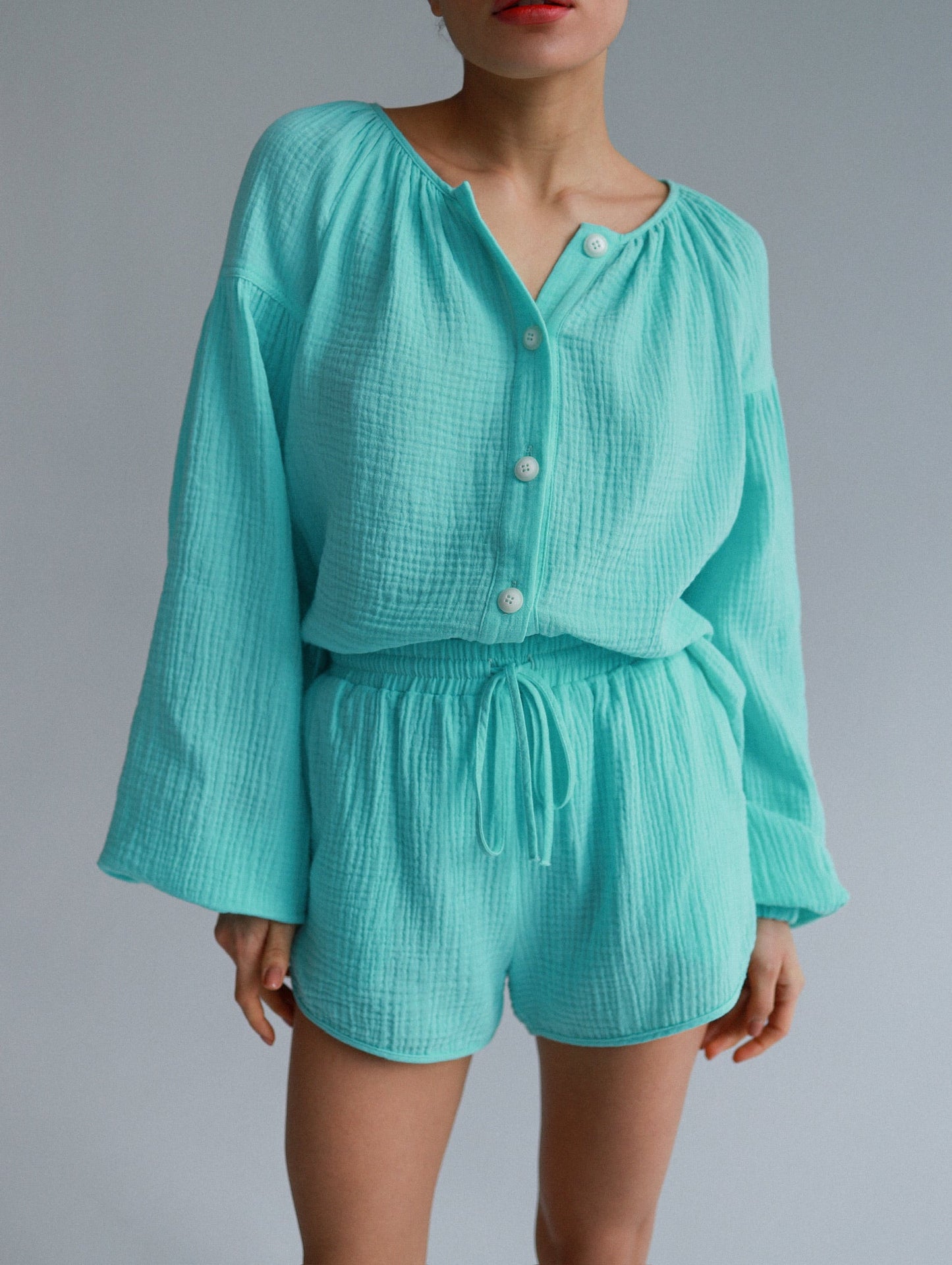 Natural Muslin Set with Shorts in Aqua - NiSO