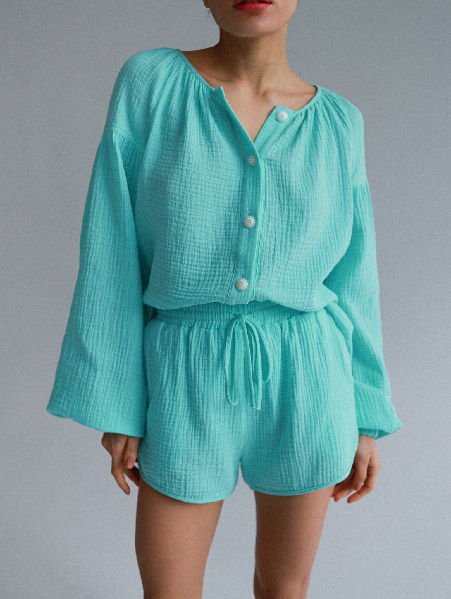 Natural Muslin Set with Shorts in Aqua - NiSO