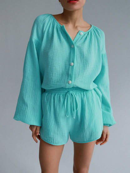 Natural Muslin Set with Shorts in Aqua - NiSO