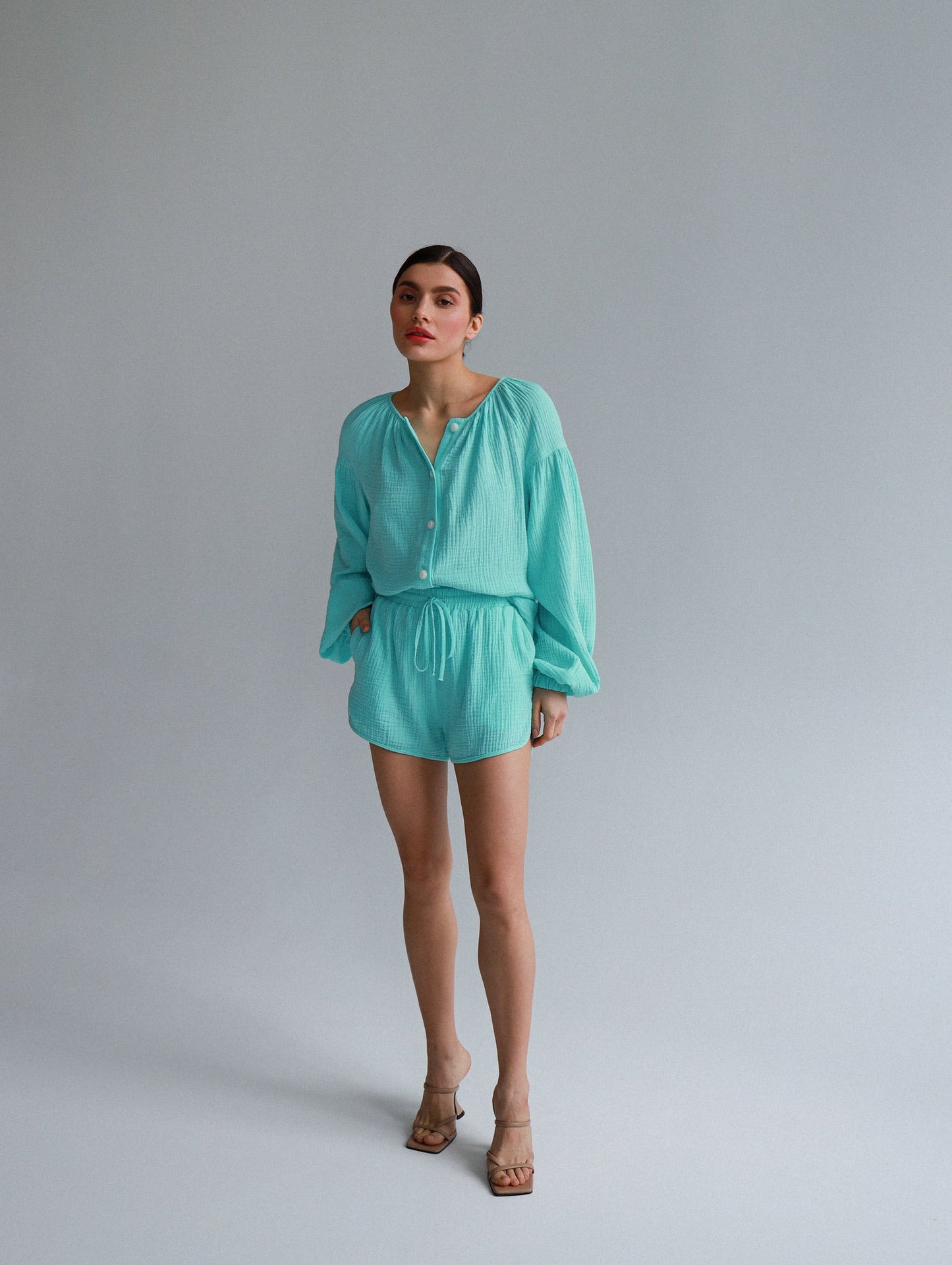 Natural Muslin Set with Shorts in Aqua - NiSO