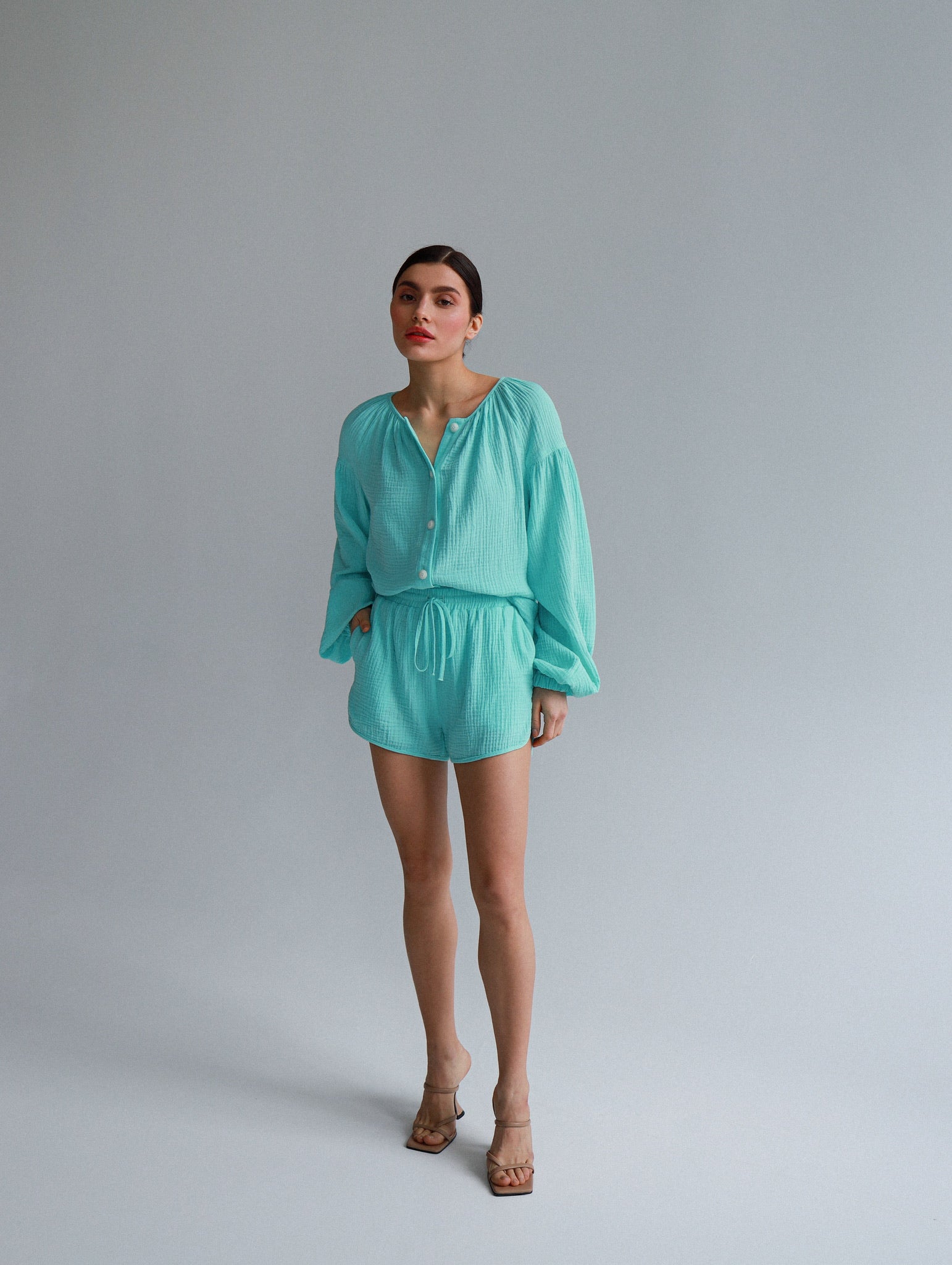 Natural Muslin Set with Shorts in Aqua - NiSO