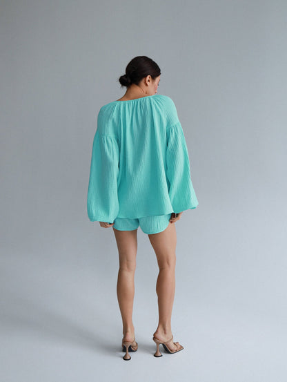 Natural Muslin Set with Shorts in Aqua - NiSO