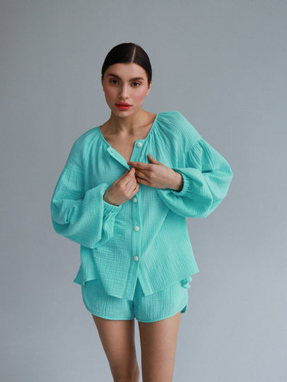 Natural Muslin Set with Shorts in Aqua - NiSO