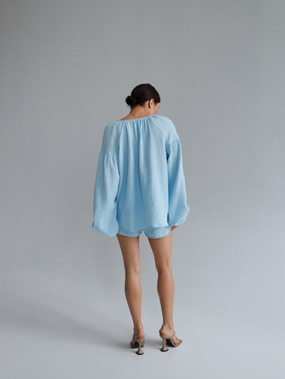 Natural Muslin Set with Shorts in Blue - NiSO