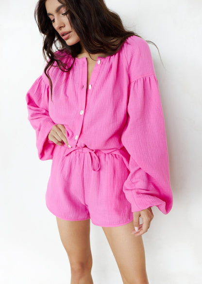 Natural Muslin Set with Shorts in Pink - NiSO