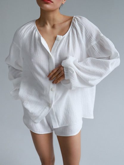 Natural Muslin Set with Shorts in White - NiSO