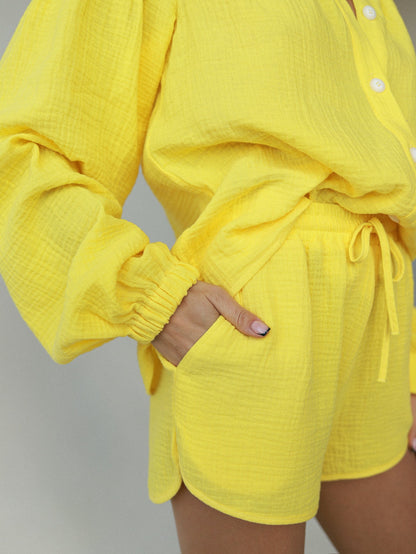 Natural Muslin Set with Shorts in Yellow - NiSO