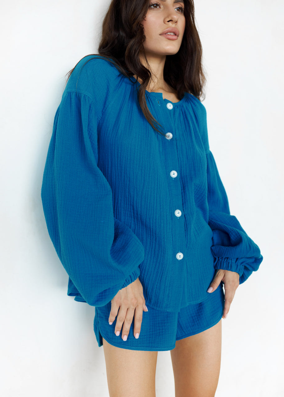 Spanish Muslin Blouse and Shorts Set Moroccan Blue