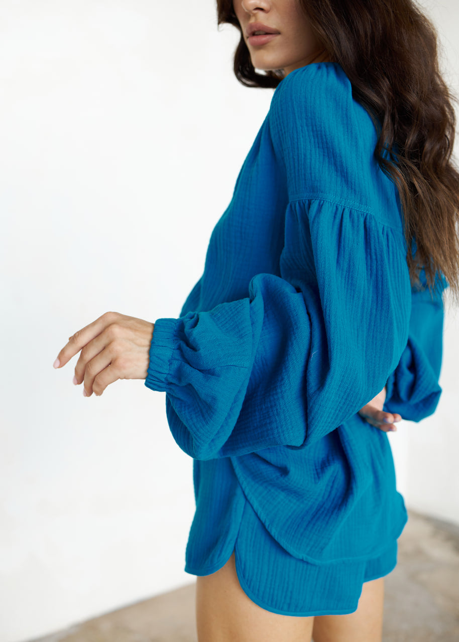 Spanish Muslin Blouse and Shorts Set Moroccan Blue
