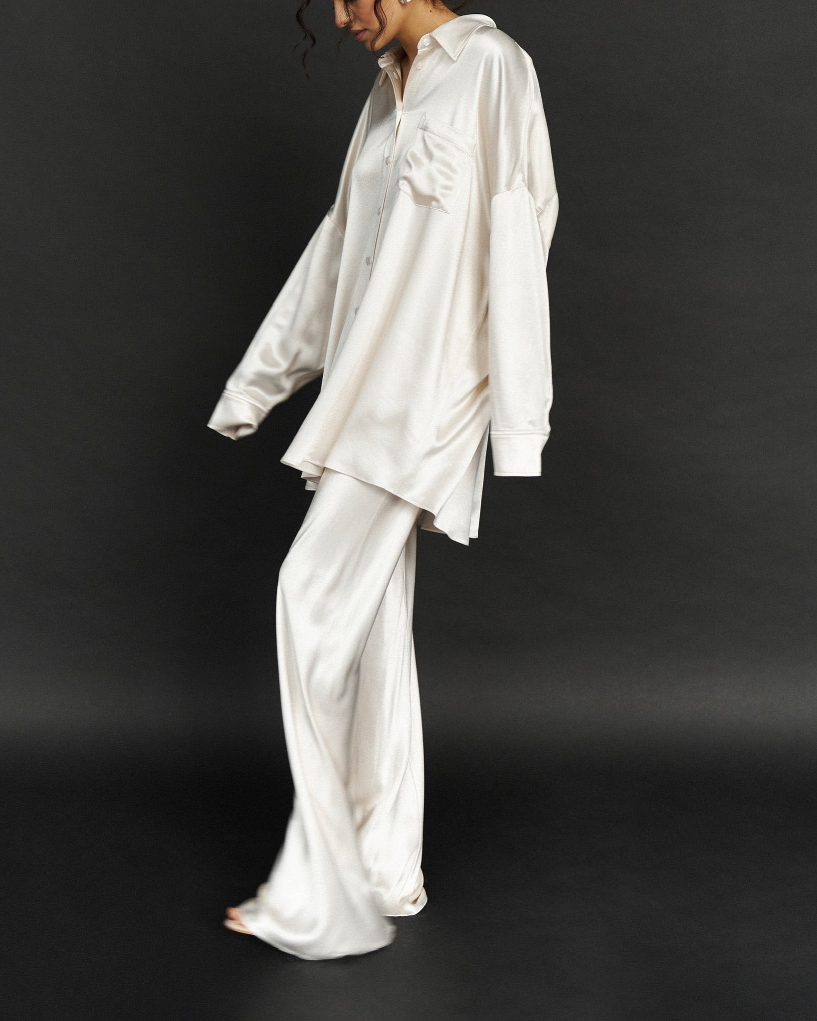 Silk Blouse with Trousers Set in White - NiSO