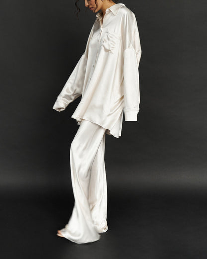 Silk Blouse with Trousers Set in White - NiSO