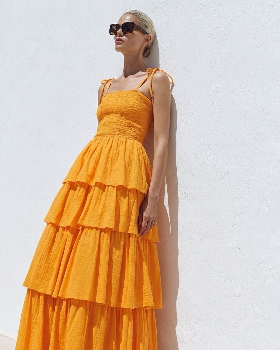 PARIS Tiered Muslin Dress in Marigold Orange - NiSO