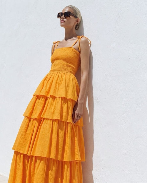 PARIS Tiered Muslin Dress in Marigold Orange - NiSO