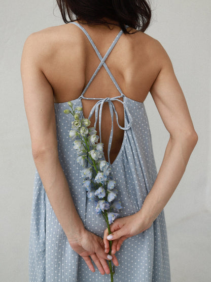 Universal Midi Muslin Summer Dress in Blue with Dots - NiSO
